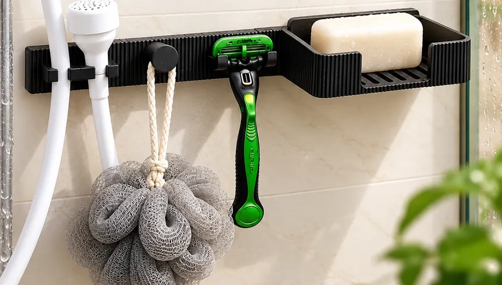 Kit organizador de box preto canelado com suporte de ducha, gancho, barbeador e saboneteira