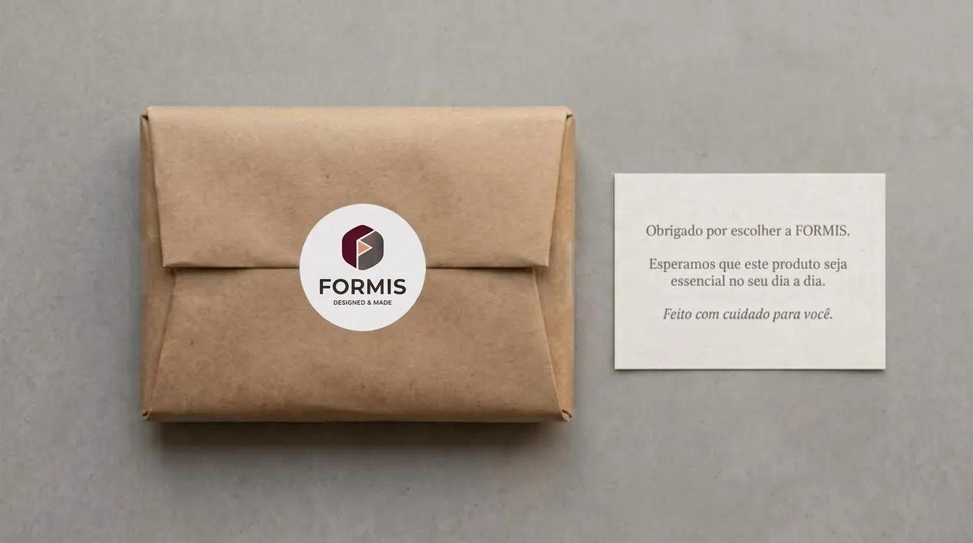 Pacote em papel kraft com adesivo FORMIS e cartão de agradecimento ao lado